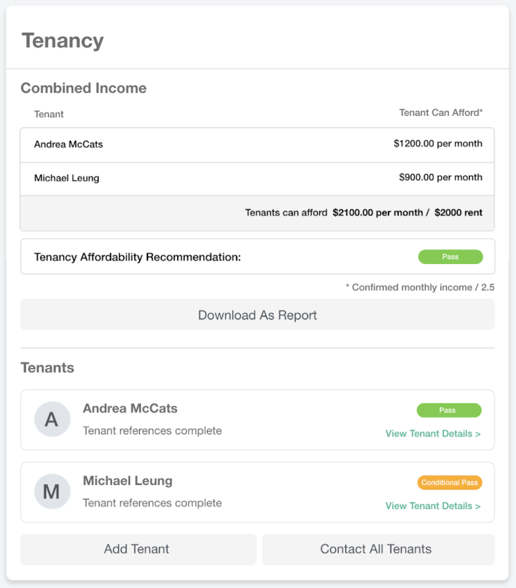 Screen from the Goodlord dashboard showing the tenant income check stage. 