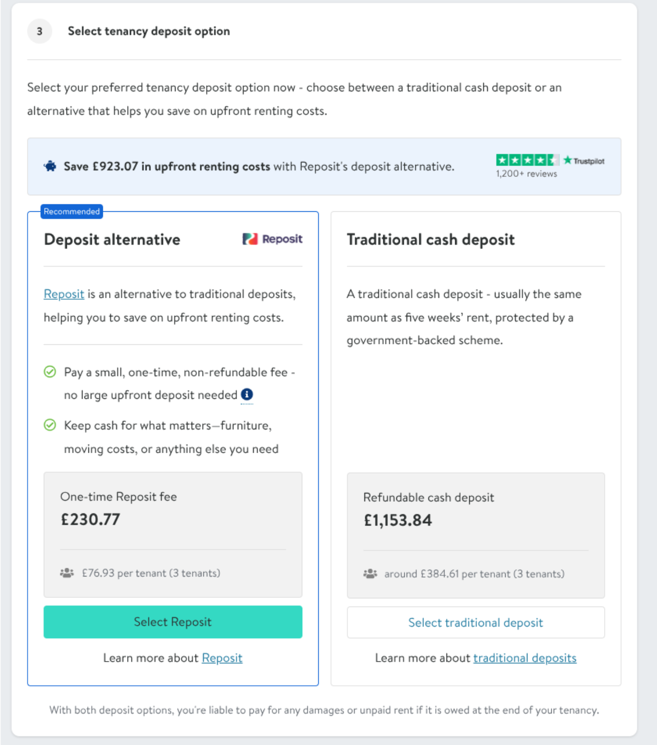 A screenshot from the Goodlord's platform shows two tenancy deposit options. The first option, on the left, is the "Deposit alternative" for a non-refundable fee of £230.77, which is a one-time payment. This option is labeled as "Recommended." The second option, on the right, is a "Traditional cash deposit" for a refundable amount of £1,153.84. Both options show the cost per tenant for a three-tenant household. A banner at the top of the image highlights that the deposit alternative saves the user £923.07 on upfront costs.