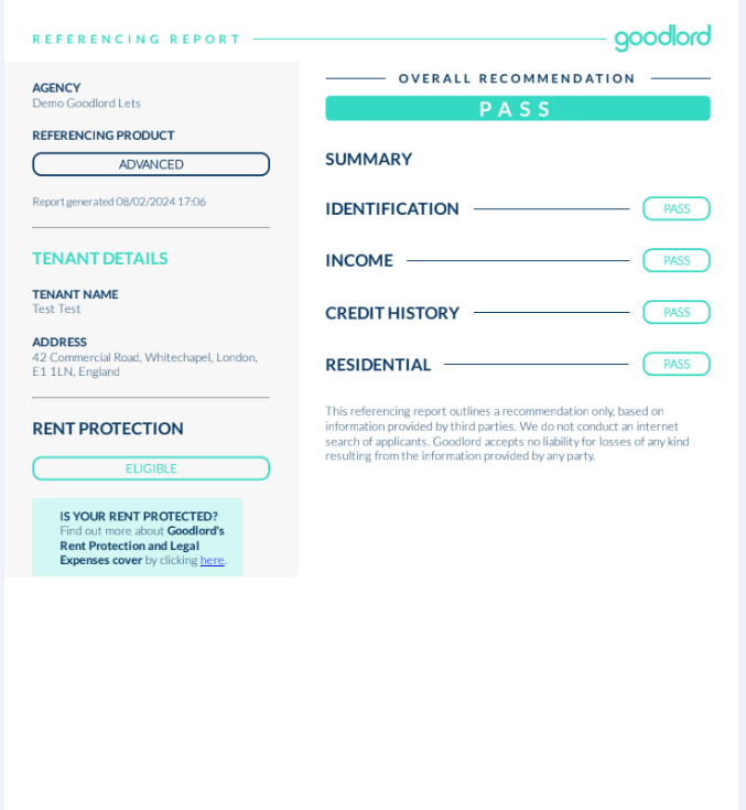 Screen from the Goodlord dashboard showing that the tenant has passed all their reference checks. 