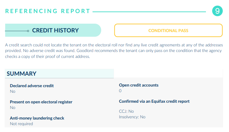 Screen from the Goodlord dashboard showing the tenant credit check stage. 