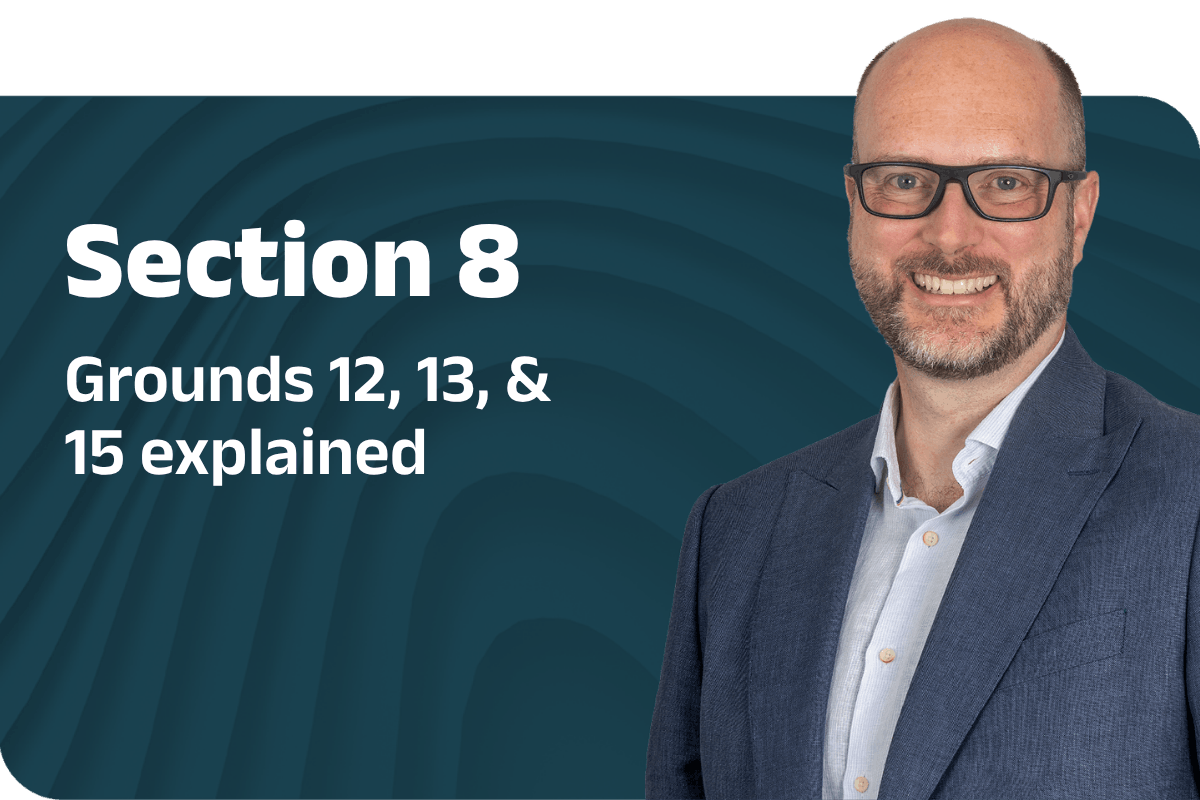 Blog banner titled "Section 8 Grounds 12, 13, & 15 explained" featuring a headshot of a smiling man wearing glasses and a suit jacket.