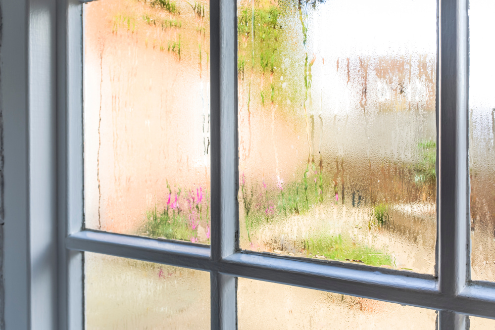 The image shows the inside of a window covered in condensation. 