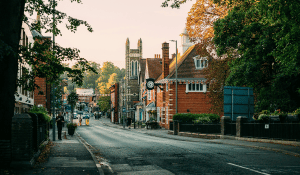 English street with red-brick buildings