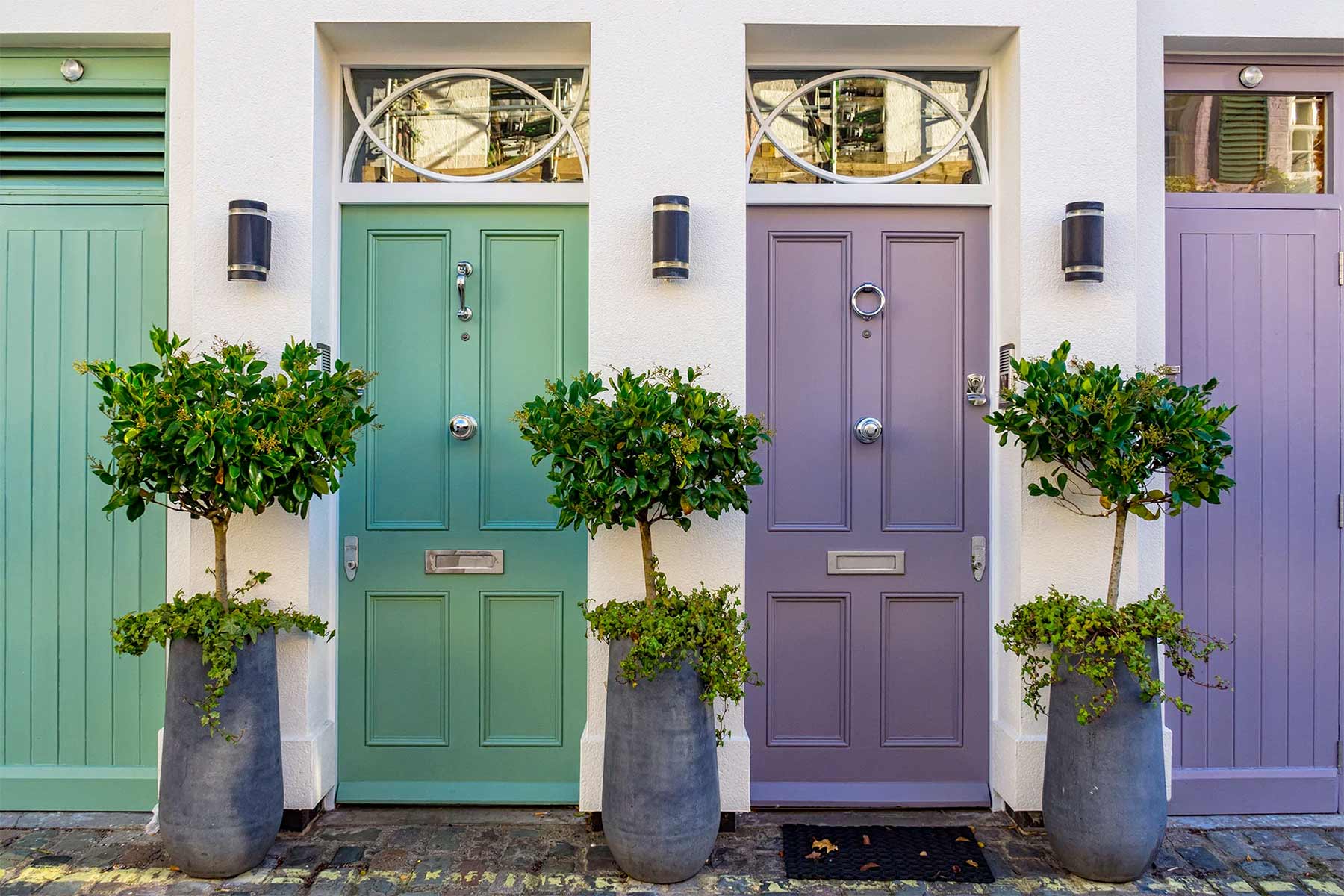 Two doors, one green and one purple, flanked by three ornamental trees. 